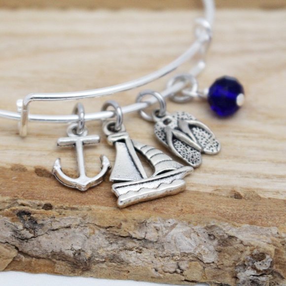 Anchor, Sailboat & Flip Flops Adjustable Charm Bangle - Handcrafted - Picture 1 of 4
